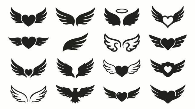 Set of winged symbols with eagle angel and heart silhouettes simple black vector collection for tattoo and logo design