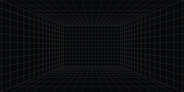 Futuristic perspective grid box. Abstract wireframe with white grid line on black background. Virtual reality landscape in 80s 90s digital style. Vector