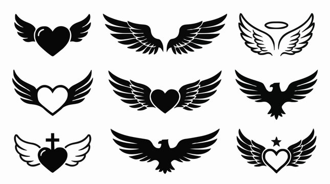 Collection of wings with heart angel halo and eagle icons simple black silhouette vector for tattoo and logo design
