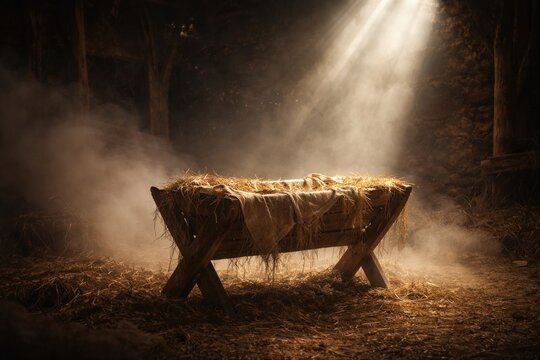 Soft fog and dust particles light up an empty manger awaiting the redeemer