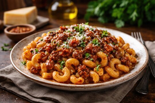 Traditional chopsuey pasta plated with beef tomato sauce cheese and parsley garnished for Italian American cuisine with copyspace