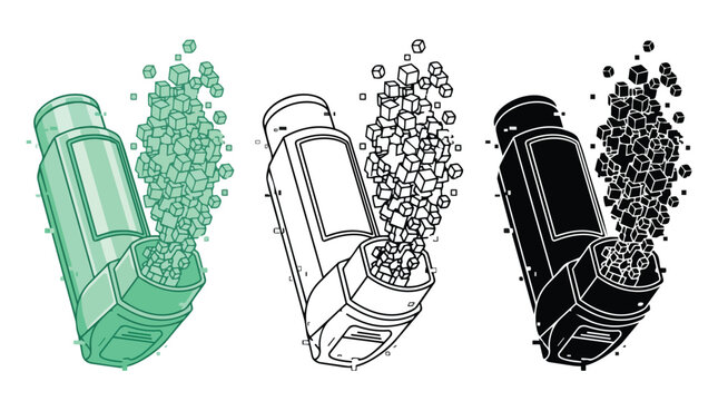 Asthma inhaler vector illustration set, medical device for respiratory relief, bronchodilator for breathing problems, healthcare and wellness graphic resource.