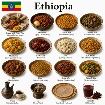  En la imagen se presentan los platos m&aacute;s famosos de la cocina et&iacute;ope como injera con wat, kitfo y caf&eacute; et&iacute;ope, mostrando sabores intensos y recetas tradicionales africanas.
