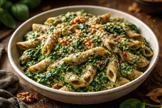Wholesome whole wheat penne cooked with spinach blended into a cheesy sauce with walnut crunch