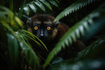 Fototapeta premium Yellow eyed lemur hidden in rich tropical greenery exhibiting natural stealth