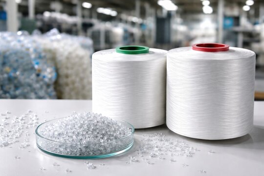 Raw white polyester FDY yarn and recycled PET chips displayed on white spools in factory