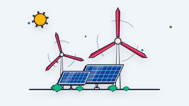 Clean Energy Animation Featuring Wind Turbines and Solar Panels for Renewable Power and Environmental Sustainability Concepts