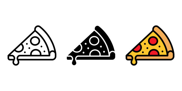 Pizza slice icon. Piece of pizza peperoni vector illustration. Pizzeria logo. Salami pizza symbol. Fast food sign in three different styles.