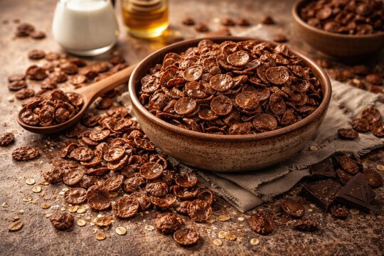 Textured background setting with a spread of cocoa crunch cornflakes for breakfast