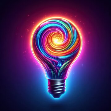 Colorful swirling neon light bulb glowing with vibrant energy and abstract artistic design focused on innovation and creativity