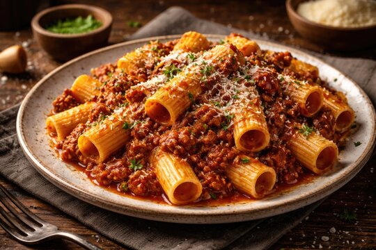Rustic rigatoni pasta plate combined with chunky Bolognese and Parmesan cheese