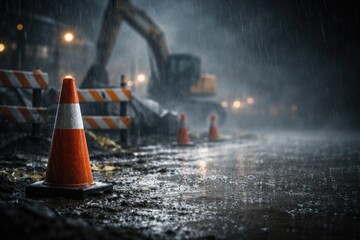 Obraz premium Torrential rain falling on a construction zone with an orange warning cone and copyspace for text