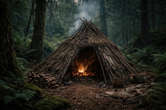 Primitive wikiup dwelling amid thick woodland growth