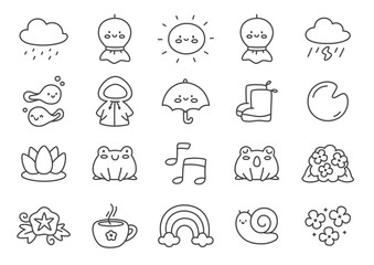 Obraz premium Kawaii japanese rainy season icon set with kawaii elements. Collection of cute symbols inspired by asian monsoon period including weather, nature and cozy items in monochrome style with playful mood.