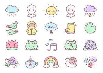 Obraz premium Kawaii japanese rainy season icon set with kawaii elements. Collection of cute symbols inspired by asian monsoon period including weather, nature and cozy items in soft pastel palette.