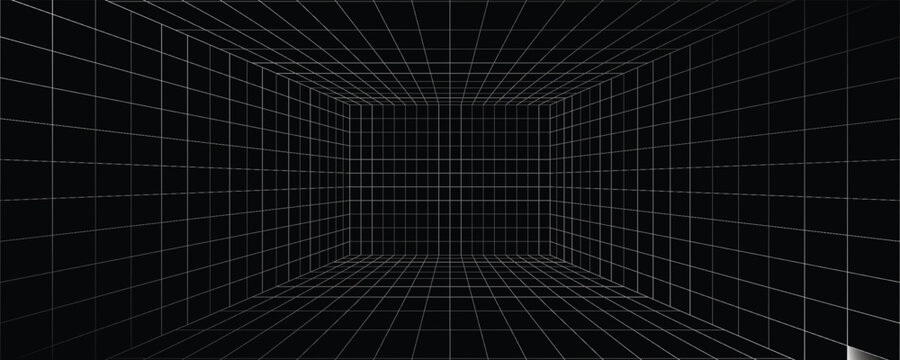 Futuristic perspective grid box. Abstract wireframe with white grid line on black background. Virtual reality landscape in 80s 90s digital style. Vector