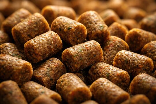 Intimate capture of elite fish pellets underlining quality for pet food promotional materials