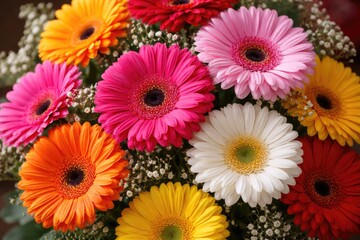Fototapeta premium Intimate focus on a rich bouquet of multicolored gerbera blooms