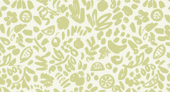 Kombucha Botanical Ingredients Background Pattern Vector Drawing, Abstract Rustic Hand Drawn Brushstroke Sketch doodle Style, Citrus and Tea Leaves Organic Artisan Fermented Beverage Packaging Design
