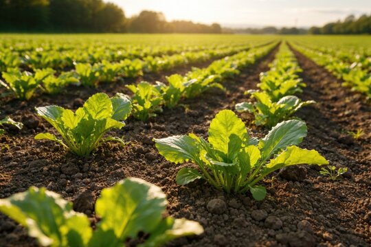 Agricultural field showcasing young sugar beet plants in sunlight