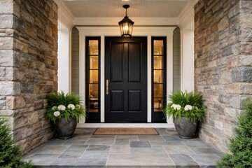 Fototapeta premium Vertical porch area displaying stone tile floor and black door flanked by side panels