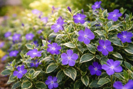Springtime garden display of Vinca major variegata showing purple blossoms