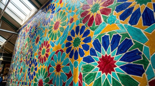 Vibrant colorful mosaic wall art with floral patterns in warehouse