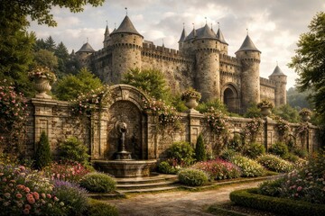 Obraz premium Stone fortress from old times incorporating a decorative garden wall