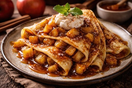 Crispy homemade apple crepe with cinnamon and caramelized apple chunks