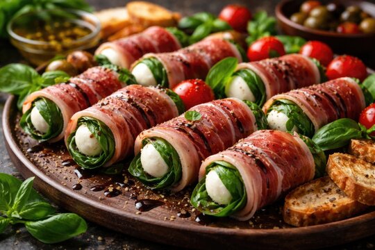 Appetizer platter featuring vibrant basil and mozzarella rolls wrapped in cured prosciutto