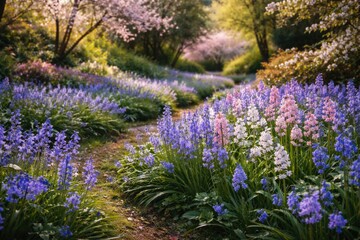 Obraz premium Springtime garden bursting with lush bluebells alongside Spanish bluebells