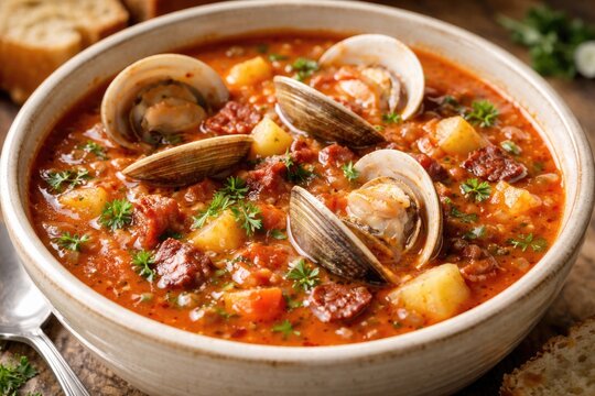 Close up of flavorful tomato clam chowder soup with shellfish and bacon