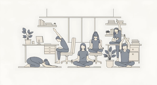 Office workers practicing yoga and meditation for stress relief and well-being during the workday