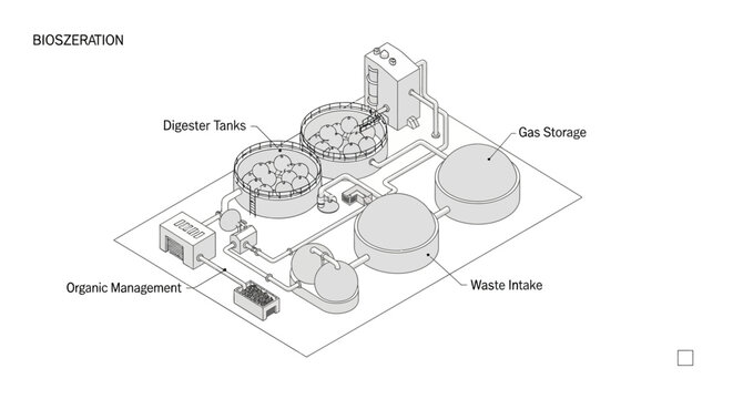 Isometric illustration of a biosynergistic biogas plant, showcasing digester tanks, organic management, waste intake, and gas storage systems for renewable energy production.