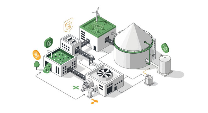 Isometric illustration of a modern biogas plant, showcasing renewable energy production from organic waste and sustainable resource management.