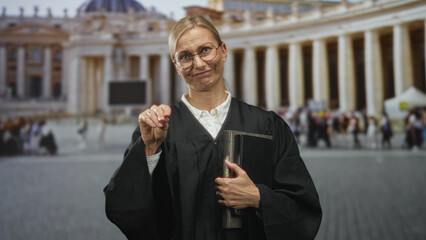 Naklejka premium Middle aged woman judge holding a large law book and gesturing with an open hand while standing in front of a monumental classical building with colonnade; authority amusement.