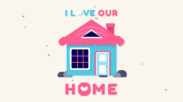 Flat Vector Illustration of a Cute Blue House with Pink Roof and Heart Accents for Real Estate Media