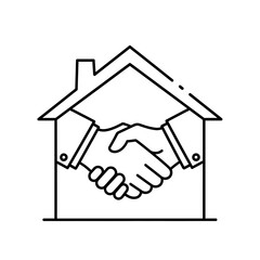 Naklejka premium Real estate deal icon with handshake inside house in flat line vector illustration on white background