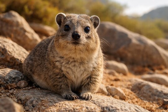 Watchful rock hyrax pet sitting quietly on rocky ground during a summer day