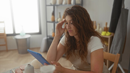 Obraz premium Woman holding a blue tablet, touching forehead at studio table with pottery and tools while looking at screen; creative stress doubt.