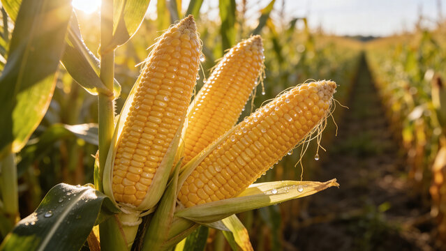 Corn in a field under sunlight with drops of water during the late afternoon in a rural area of the countryside