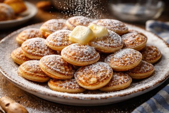 Traditional Dutch poffertjes bite sized pancakes covered in powdered sugar