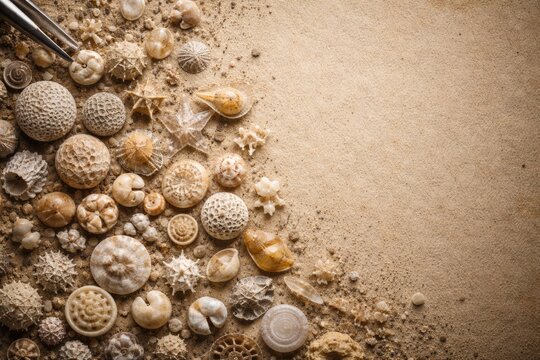 Variety of preserved microfossils displayed alongside ample copy space
