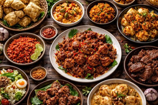 Birds eye perspective of diverse Indonesian Ied dishes including fried ati and sambal