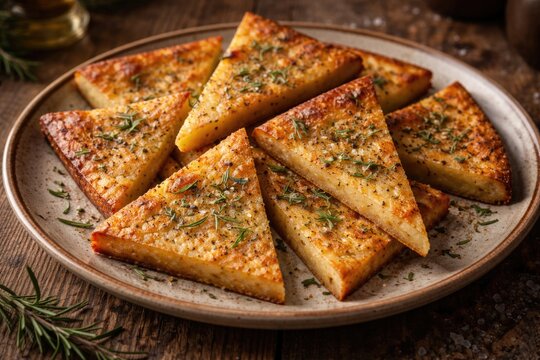 Triangular slices of farinata arranged on plate with rustic wooden surface underneath