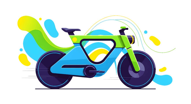 Modern electric bicycle illustration with vibrant colors and futuristic design, representing sustainable urban transport and eco-friendly technology.