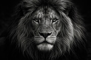 Fototapeta premium Powerful monochromatic photograph emphasizing a lion's commanding gaze