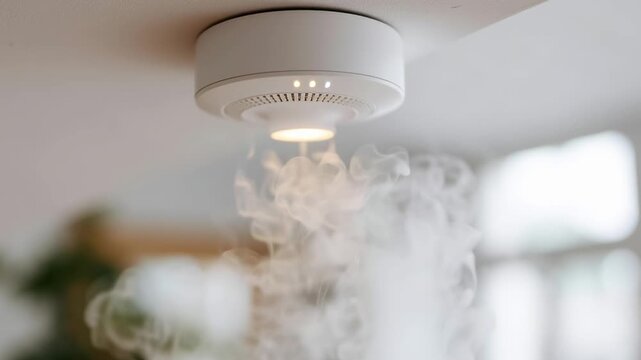 White smoke detector emits vapor. Light illuminates the device. Ceiling-mounted unit shows active state. Smoke drifts downward visibly. Home safety device in focus