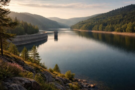 Peaceful water basin landscape featuring a large manmade reservoir
