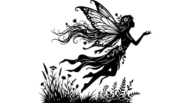 Fairy with wings flying over flowers in nature